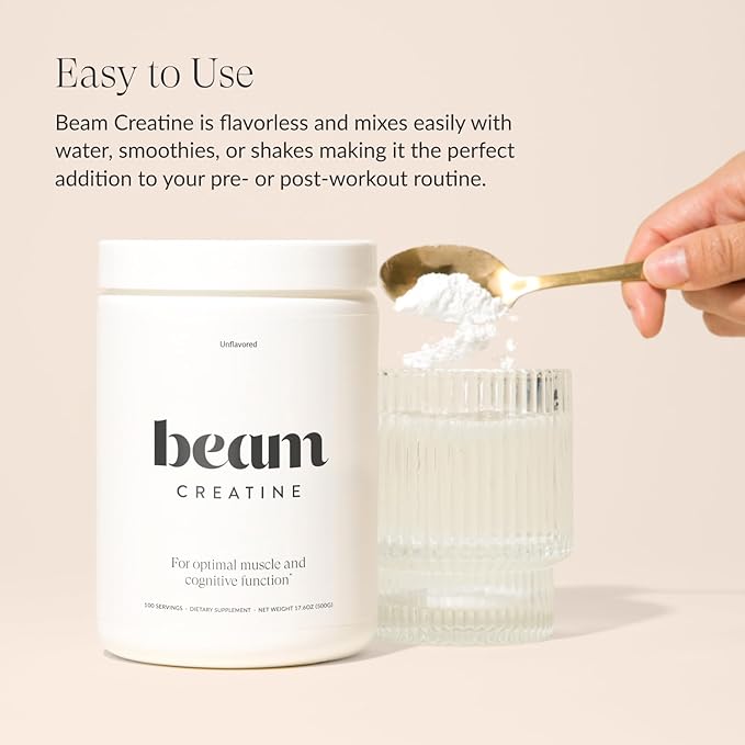 Beam Creatine Monohydrate Powder - Micronized Creatine for Muscle Growth, Strength, Endurance & Recovery - Unflavored, Fast-Dissolving, Workout Supplement for Men & Women, Keto & Vegan - 100 Servings