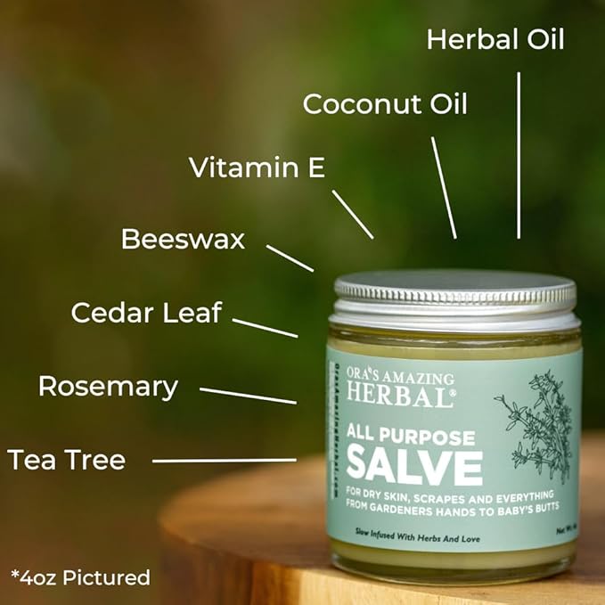 Ora's Amazing Herbal All Purpose Salve, Natural Healing Ointment, Tea Tree Balm, Comfrey Calendula Thyme Plantain, Hand Salve, Rash Cream, Dry Skin Repair, Itch Relief, 1 oz Glass Jar