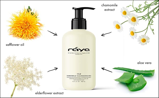 Raya Chamomile Facial Cleansing Milk 16 oz (152) | Gentle, Soap-Free Fluid Cleanser and Make-Up Removing Lotion for Dry and Sensitive Skin | Helps Calm Irritations and Refine Pores