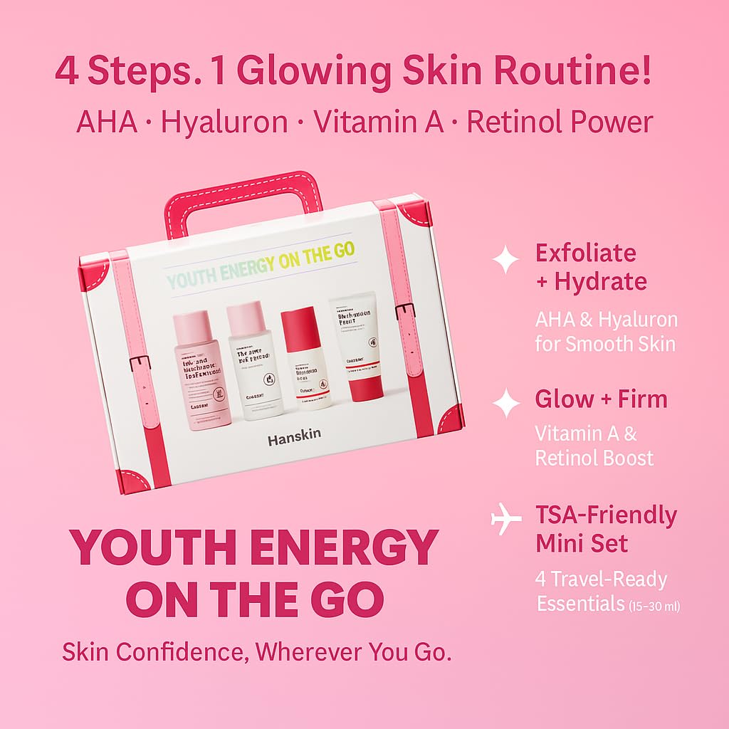 Hanskin Youth Energy On the Go Kit, Set of 4, Anti-Aging Essential Travel SkinCare Set for Hydrating & Resurfacing Skin, Hyaluron Treatment Skin Essence Retinol Facial Serum Cream Korean Skincare