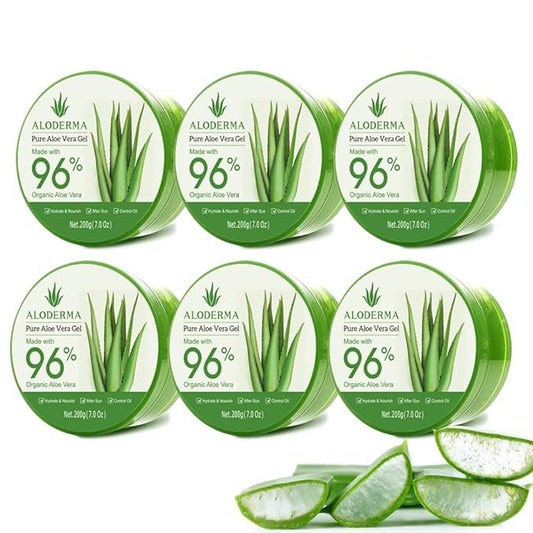 Aloderma Organic Aloe Vera Gel for Body Made within 12 Hours of Harvest, 96% Pure Aloe Vera Gel for Skin, Scalp, & Hair, Soothing Aloe Face Moisturizer, Multipurpose, Hydrating Aloe Gel, 7oz, 6 Pack