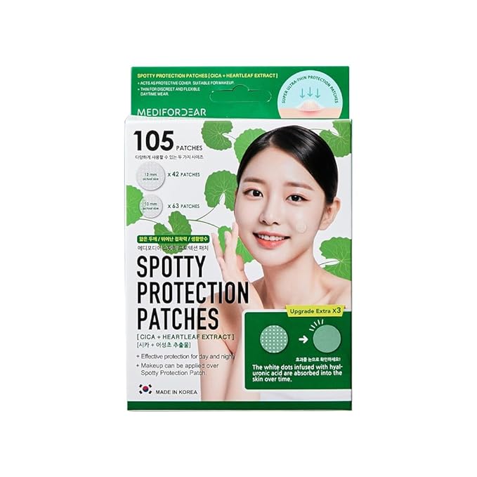 MEDIFORDEAR Spotty Protection Patches 105 Patches [Cica + Heartleaf], Ultra-Thin Hydrocolloid, 2 Sizes, Fast-Acting, Invisible Under Makeup