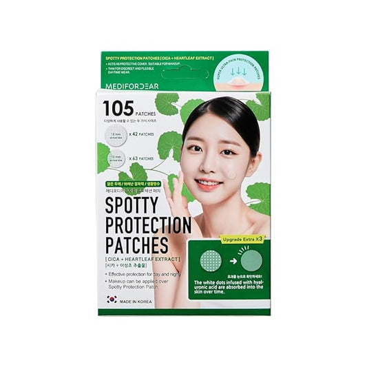 MEDIFORDEAR Spotty Protection Patches 105 Patches [Cica + Heartleaf], Ultra-Thin Hydrocolloid, 2 Sizes, Fast-Acting, Invisible Under Makeup