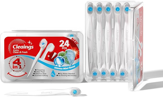 cleaings® Disposable Toothbrushes with Toothpaste Mini Travel Oral Care, 4-in-1 (Mini Brushes+Toothpaste+Tongue Scraper+Pick) Portable for Work,Camping Essentials(Intense Mint), 24 Count (Pack of 1)