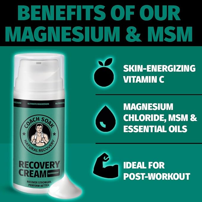 Coach Soak Magnesium Cream with MSM in Pump Bottle - Natural Recovery Cream with Magnesium Chloride & Menthol - Fast-Absorbing for Muscles & Joints, Cooling Menthol, 3.4oz