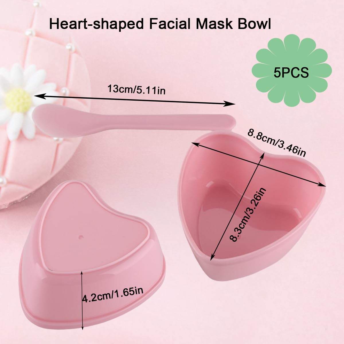 icyhey 5 Pairs Pink Heart-shaped Plastic Facial Mask Mixing Bowls Set with Spatulas - DIY Skincare Mixing Tool Kit, Mud Masks, Home Salon, and Beauty Salon Use, Face Mask Applicator Tool(5Pcs)