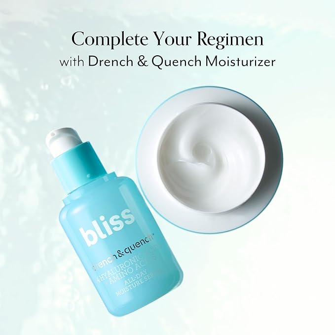 Bliss Hyaluronic Acid Drench & Quench Facial Serum – Hydrating Serum for Dry, Sensitive Skin - Lightweight Gel Formula for Deep Hydration & Plump Skin - Clean, Cruelty-Free - 1 Fl Oz