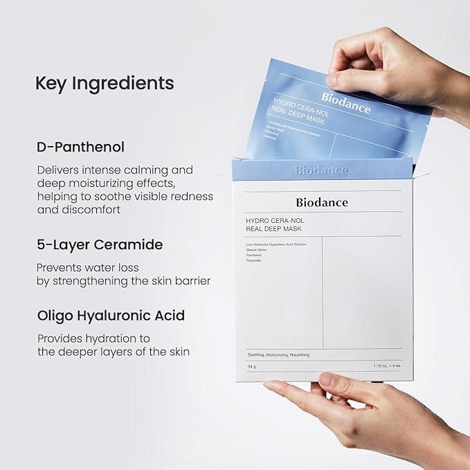 BIODANCE Hydro Cera-nol Real Deep Mask, Overnight Hydrogel Mask, Hydrating Facial Mask For Sensitive Skin, Redness Reducing & Quick Soothing Effect, 1.19oz(34g) x 4ea