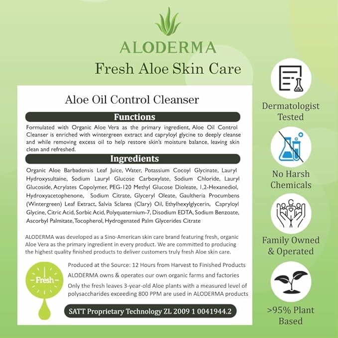 Aloderma Oil Controlling Facial Cleanser Made within 12 Hours of Harvest with Organic Aloe Vera - Clear Breakouts - Wintergreen to Help Purify & Deeeply Cleanse Pores - Calming Aloe Facial Wash, 3.5oz