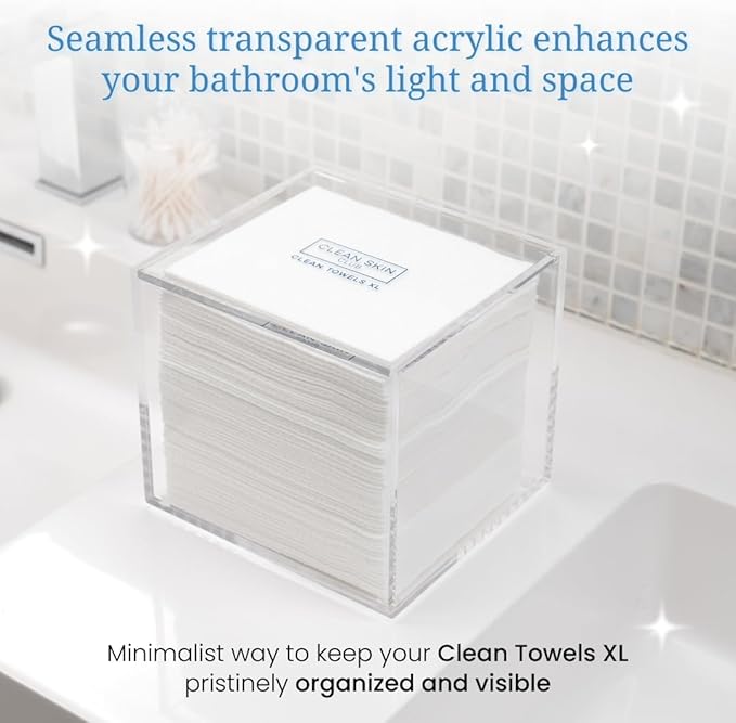 CLEAN SKIN CLUB Clear Acrylic Box for Clean Towels XL (NOT Included), Container For 50 Disposable Clean Towels XL, Face Towelettes Bathroom Counter Storage, Bin for Cleansing Facial Dry Wipes