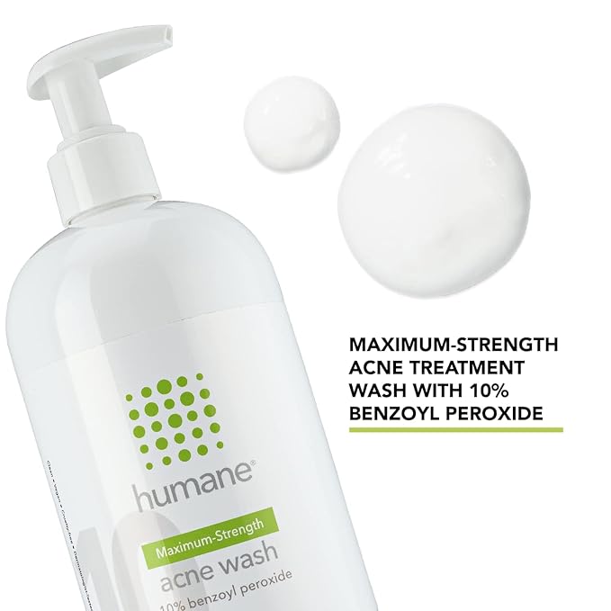 humane Benzoyl Peroxide Acne Body Wash - 10% Maximum-Strength Face, Skin, Butt, and Back Acne Treatment - 16 Fl Oz - Dermatologist-Tested Non-Foaming Acne Face Wash Cleanser - Vegan, Cruelty-Free