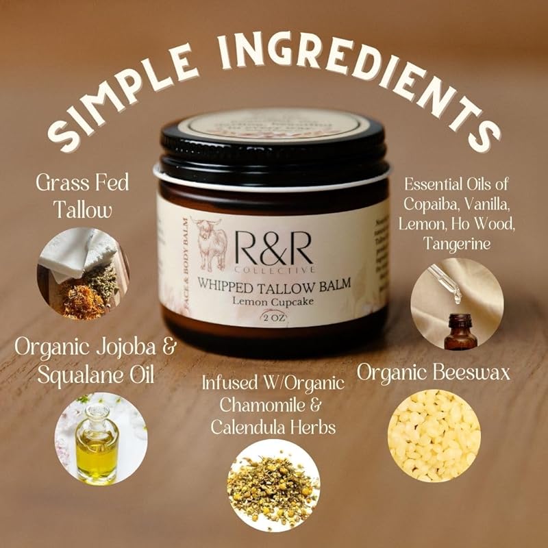 Handmade Tallow Balm (Lemon Cupcake)- 100% Grass Fed Beef Tallow for Skin Care- 100% Natural Whipped Tallow Balm- Sensitive & Dry Skin, Eczema, Psoriasis- 2 FL. oz