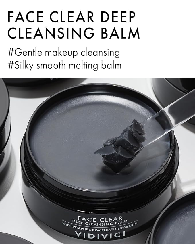 VIDIVICI Face Clear Deep Cleansing Balm - Silky Black Sorbet Texture, Oak Charcoal Infused, Single-Step Makeup Removal, Moisturizes & Brightens Skin, Hypoallergenic Sebum/Keratin Care, 3.38oz.