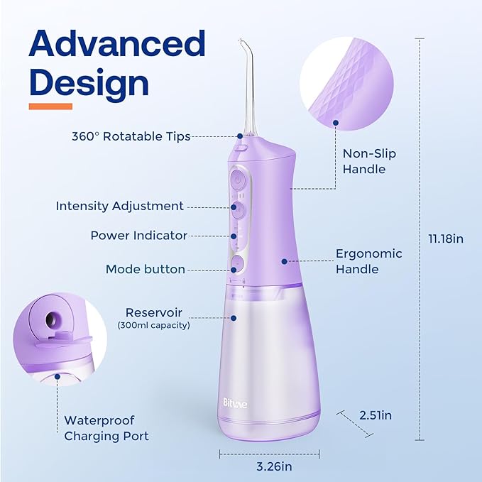 Bitvae C6 Water Flosser Teeth Picks, Cordless Water Dental Flosser for Travel with 6 Jet Tips, 15 Care Settings, IPX7 Waterproof Portable & Rechargeable Water Teeth Cleaner Picks, Purple
