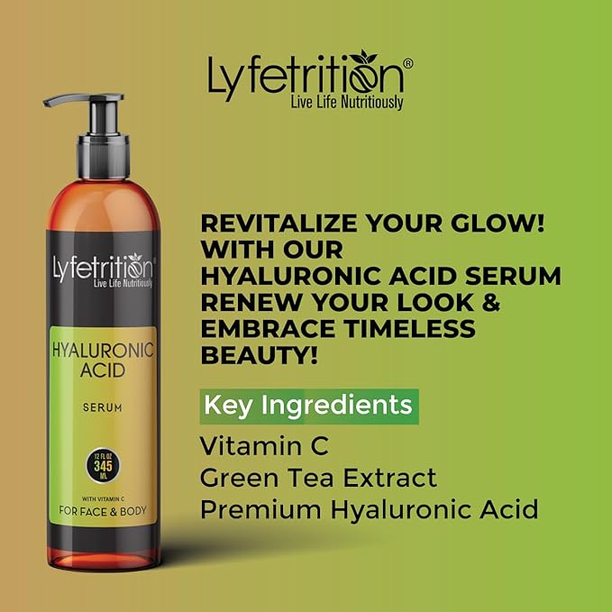 Hyaluronic Acid Serum for Skin, Moisturizing and Hydrating Serum for All Types of Skin, 100% Natural Face Serum with Vitamin C & Aloe Vera (12 Fl Oz), Clear Serum, (Lyfe7581)