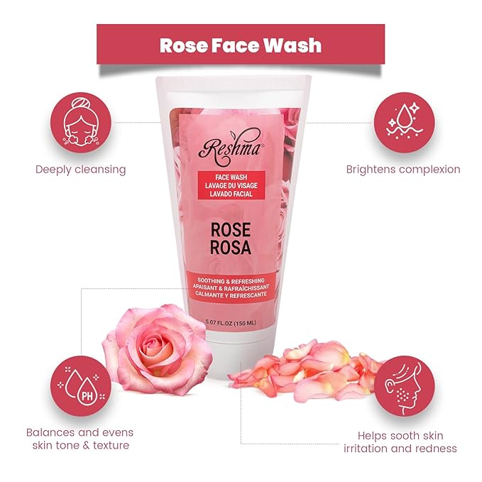 Reshma Beauty Rose Face Wash for All Skin Types & Dull, Glowing Skin and Deep Cleanser for Reviving, Nourishing & Rejuvenating, Removes Make-Up, For Daily Use, Cruelty-Free, 5.07 fl oz, Pack of 1