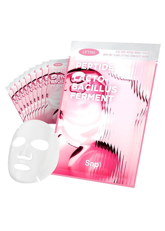 SNP Skin Return Lifting Essence Sheet Mask | Hydrating and Firming for All Skin Types | Vegan Sheet Masks | Peptide and Lactobacillus | Korean Face Masks Skincare | Facial Mask | 10 Sheets