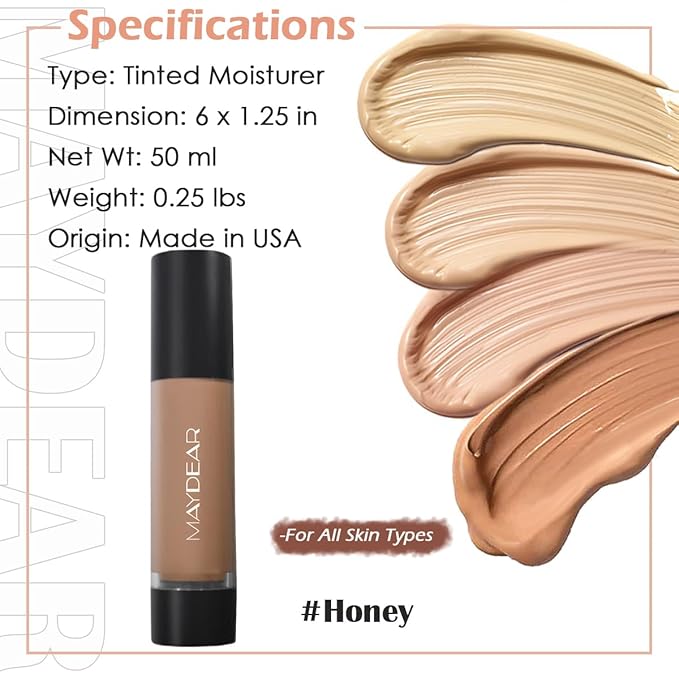 Maydear Tinted Moisturizer for Face, Matte Finish, Hydrating, Honey, 1.(50ml) 7 oz