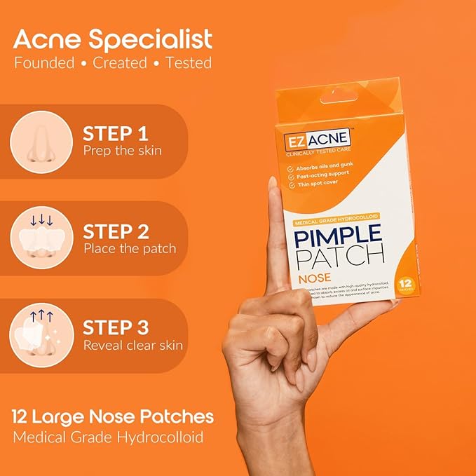 EZACNE™ Pimple Patches for Nose – Medical Grade Hydrocolloid Nose Pore Patches for Zits, Blemishes & Excess Oil – Overnight Pore & Whitehead Nose Strips (12 Count)