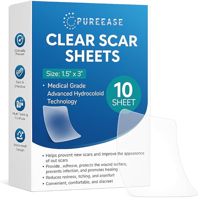 Clear Scar Sheets – 10 Pieces – Skin Patches for Face and Body – Use Before Scars Fully Form – Prevent and Reduce Scars from Acne, Scalds, Burns, Cuts, Abrasions – Thin, Flexible, Waterproof, Gentle