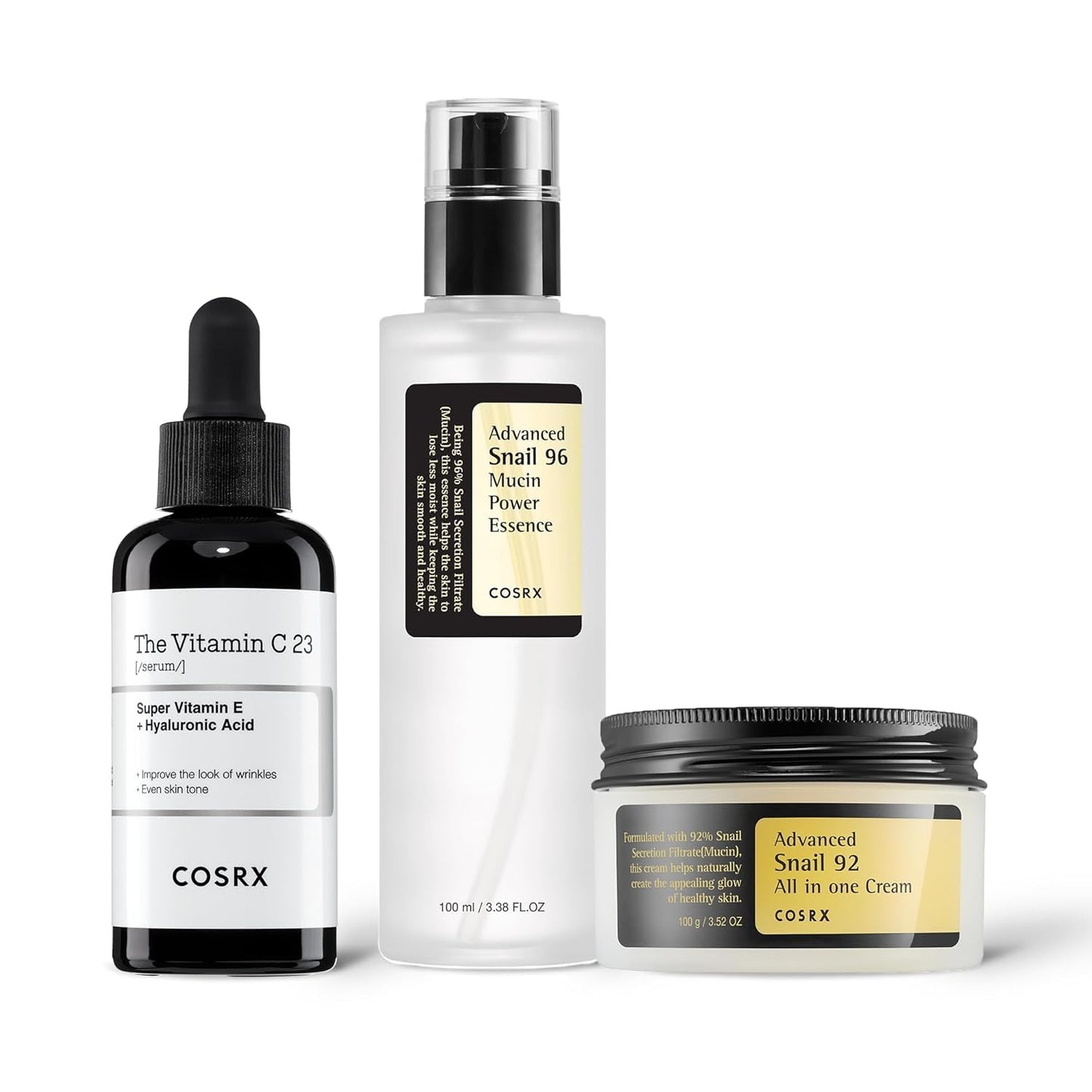 COSRX Advanced Skin Cycling Routine- Vitamin C 23% Serum + Snail 96% Mucin Essence + Snail 92% All In One Cream, Daily Professional Skincare, Improve Radiance & Dark Spots, Korean Skin Care