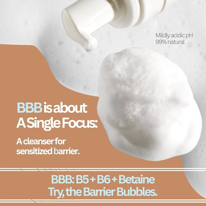 FreshCult Barrier Care Cleanser BBB Foaming Facial Wash for Sensitized Barrier and Retinoid Recovery - B5, B6, Betaine - SLS & Fragrance-Free