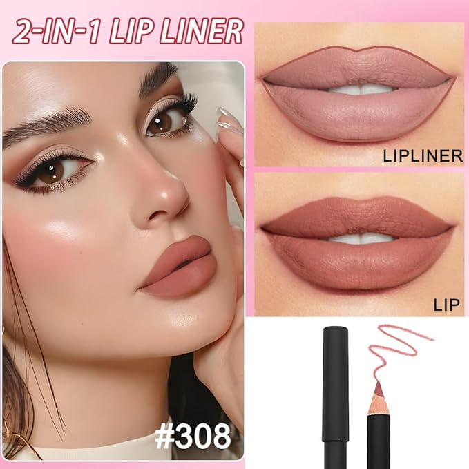 2 Pcs Natural Nude Brown Beige Colors Lip Liner Lipstick Pencils Set for Daily Makeup,Easy to Apply & Remove,Waterproof