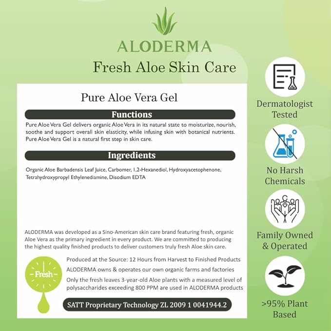 Aloderma 99% Organic Aloe Vera Gel for Face Made within 12 Hours of Harvest, Natural Hydrating Pure Aloe Vera Gel for Soothing Skincare, Moisturizing Aloe Gel for Skin, Face, Sensitive Skin, 4oz - 3ct