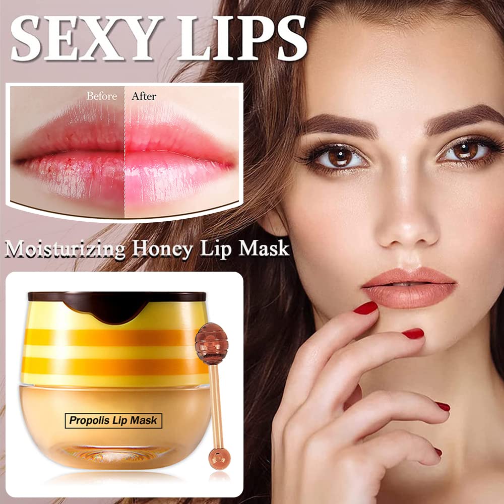 2PCS Bee Lip Balm Honey Pot - Strawberry & Honey Moisturizing Propolis Mask, Hydrating Prevention for Dry and Cracked Skin, Scrubs Exfoliator, Sleep Mask Reduces Lines, Skin Care Products