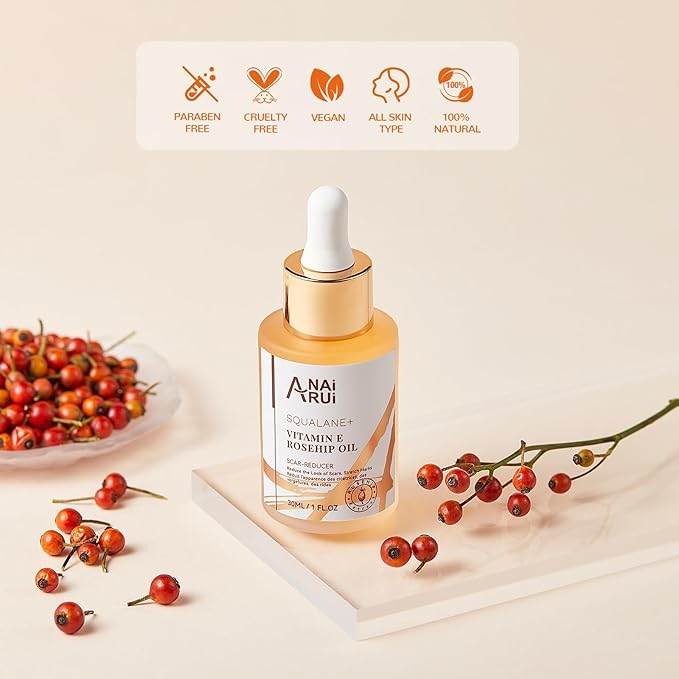 ANAI RUI Squalane + Vitamin E Rosehip Oil Moisturizer for Face Hydrate, Reduce Scars and Stretch Marks, Wrinkles for Smoother, Softer Skin 1 fl. Oz