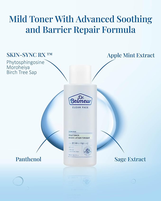 Clean Face Mild Toner (4.9fl oz) - Soothing & Refreshing for Sensitive Skin. Korean Skin Care. Panthenol, Mint, Sage, Phytosphingosine.