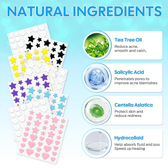 Acne Healing Patch - 306 Hydrocolloid Patches with Natural Ingredients, Fast-Acting Invisible Pimple Care, 3 Shapes & 6 Colors (Black)