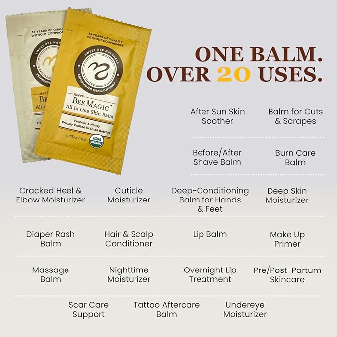 Sweet Bee Naturals All-in-One Skin Balm Sachets - 4ml Each, Certified Organic, Deep Moisture & Hydration for On-the-Go Skincare, Ideal for Busy Lifestyles, Travel-Friendly - 15 Pack