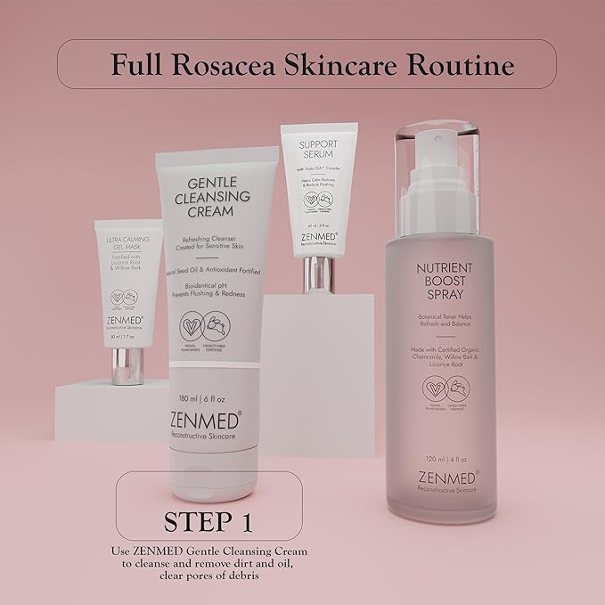 ZENMED Gentle Cleansing Cream - 6 oz. 100% Vegetarian Natural See Oil & Antioxidant Fortified Help Control Redness & Flushing pH 6.0 Soap-Free Will Not Over-Dry