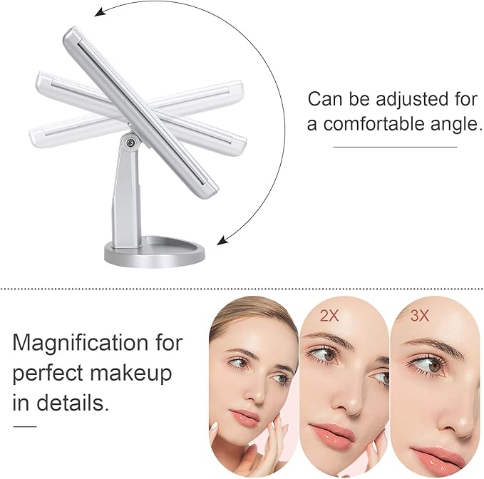 deweisn Tri-Fold Lighted Vanity Tabletop Mount Mirror with 21 LED Lights, Touch Screen and 3X/2X/1X Magnification, Two Power Supply Modes Make Up Mirror,Travel Mirror