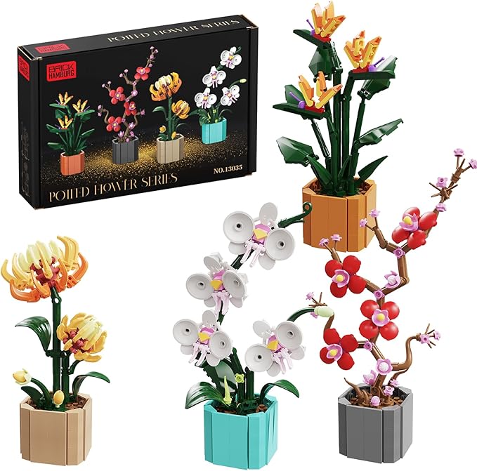 Flower Bouquet Building Blocks 4 Set, Artificial Flowers Toys Botanical Collection DIY Unique Home&Office Bonsai Decoration Adults, Teen Girls for Birthday
