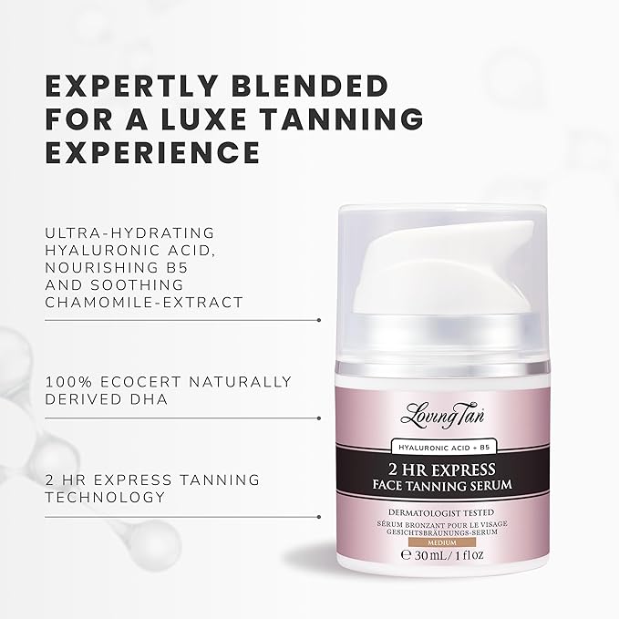 Loving Tan NEW 2 Hr Express Face Tanning Serum, Medium - Hydrating, Natural-Looking Glow Sunless Self Tanner, Dermatologist Tested, Lightweight, Naturally Derived DHA, Vegan & Cruelty-Free - 1 fl oz