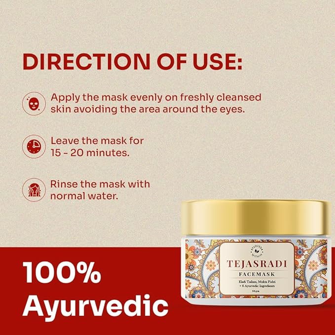 Tejasradi Face Mask | Ayurvedic Face Mask for Radiant Skin | Helps Even Skin Tone & Reduce Tanning | Enriched with Turmeric, Baheda, Sesame Oil & Red Sandalwood | 100g