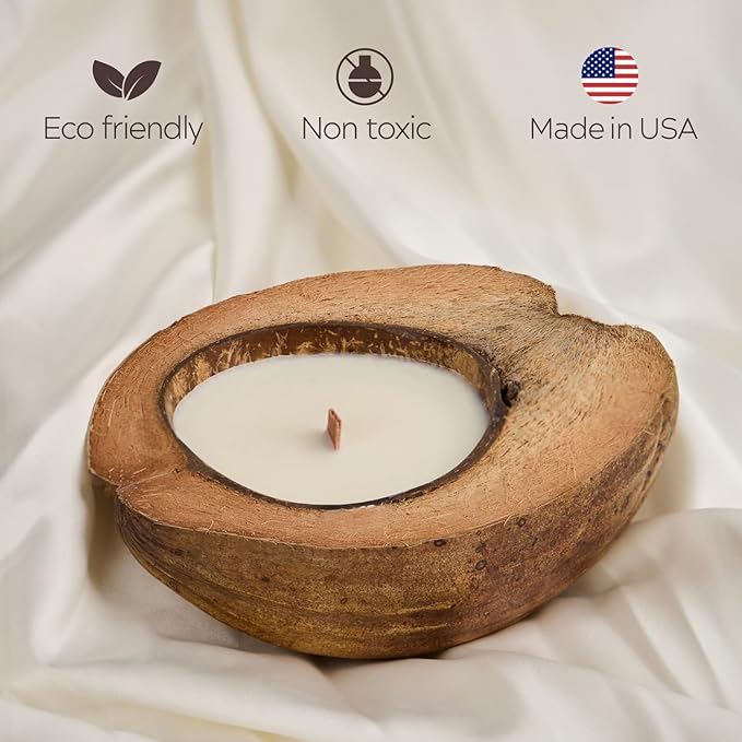 Scented Candle Clearance, Wooden Wick Soy Candles in a Big Coconut Shell, Relaxation Gifts for Women, Room Decor Natural Candles Non-Toxic (Caramel Island)