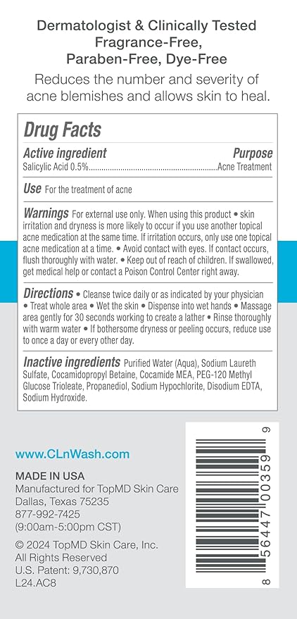 CLn® Acne Cleanser-The Only Cleanser with 0.5% Salicylic Acid Preserved with Sodium Hypochlorite for Clarifying Skin from Blackheads & Breakouts, Oil-Free & Fragrance-Free, 8 fl oz