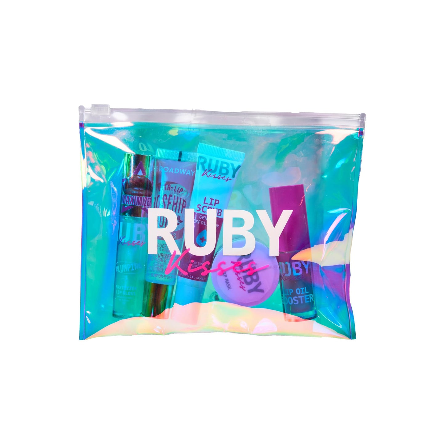 Ruby Kisses Value Lip Care Travel Kit With Rosehip Oil Clear Lip Gloss, High Shine Plumping Gloss, Pink Lip Oil Booster, Exfoliating Lip Scrub, Hydrating Intensive Lip Mask + Holographic Makeup Bag