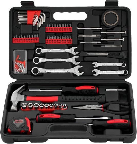 149-Piece General Hand Tool Kit - Essential Home Toolkits with Plastic Toolbox Storage Case for all Purpose, Complete Tool Set for Women, Men, College Students, Dorm, DIY Enthusiast (Red)