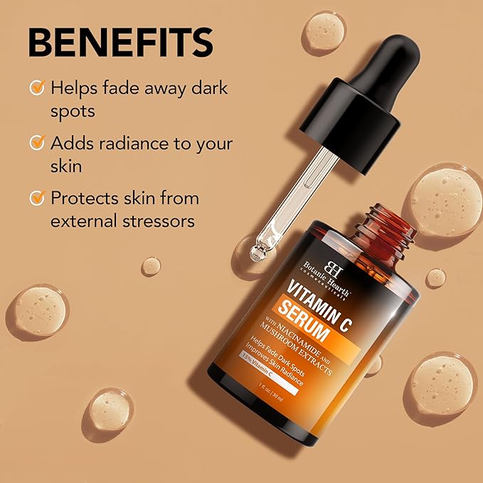 Botanic Hearth 15% Vitamin C Face Serum With Niacinamide, Hyaluronic Acid, Allantoin, Cica, Ferulic Acid & Vitamin E | Targets Dark Spots, Sun Damage, Wrinkles To Brighten & Even Tone Skin| 1Fl Oz