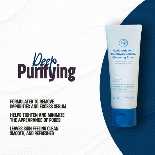 esfolio Hyaluronic Acid & Houttuynia Cordata Cleansing Foam – Gentle Daily Face Wash for Hydration & Clarity | Refreshing Korean Skincare Cleanser for All Skin Types (5.29oz-150ml)