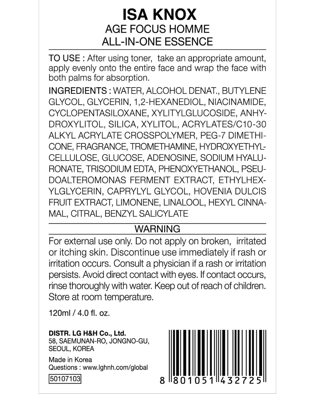 Isa Knox Age Focus Homme (All-in-one Essence, 4.1fl oz) - Refreshing and Moisturizing All-in-One Moisturizer, Protective Barrier Men's Skin Care with Niacinamide | Korean Skincare