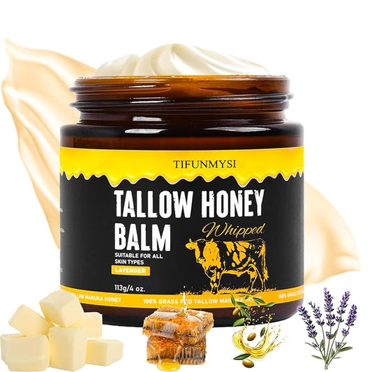 Beef Tallow for Skin – Grass-Fed Beef Tallow & Raw Honey Balm, Hydrating & Nourishing - Face Body Moisturizer, Skin Barrier Repair, Travel Essentials (113g/4 oz)
