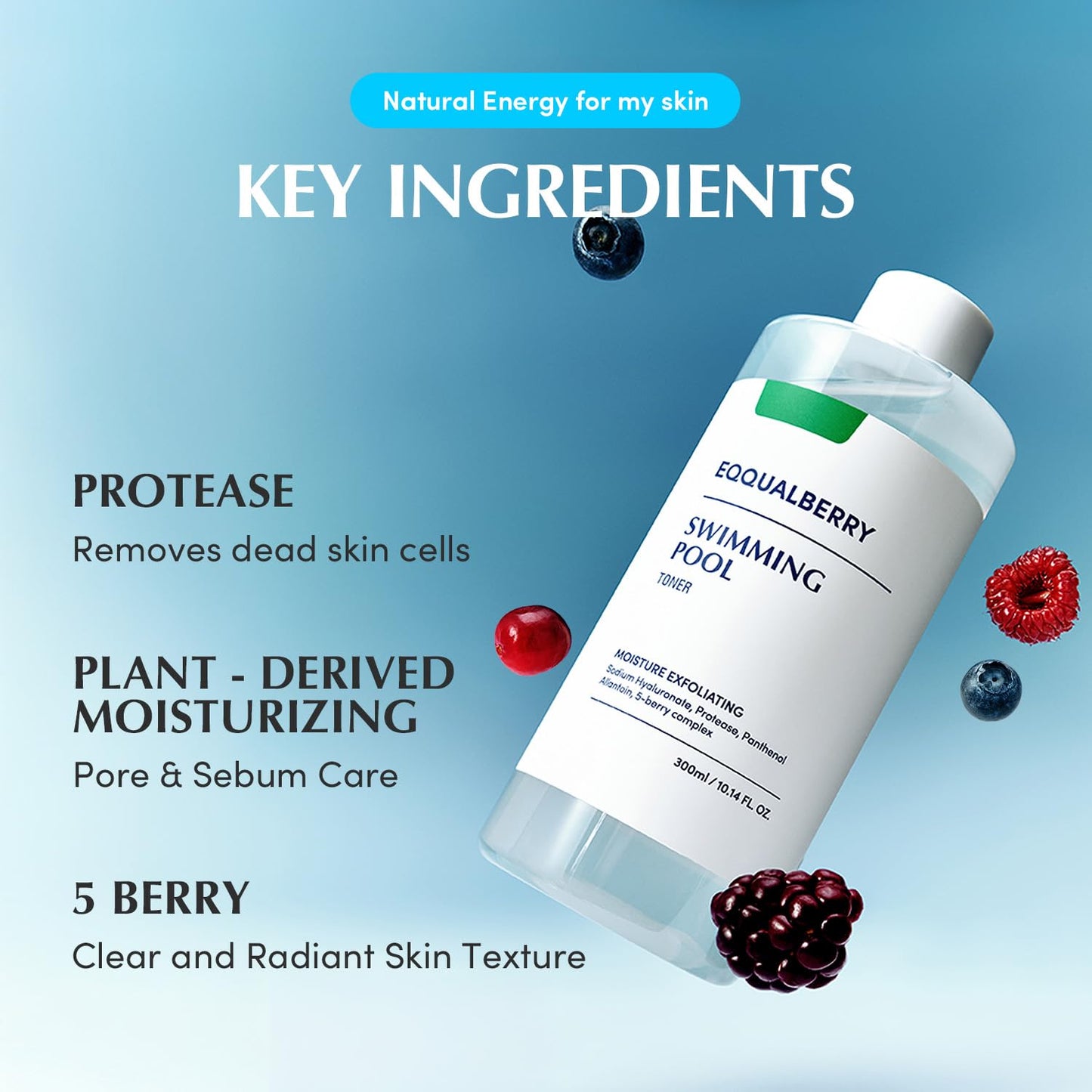 EQQUALBERRY Swimming Pool Toner & Daily Glow Gel Cleanser Set | Exfoliating Toner with Pretease for Sensitive Skin | Deep Hydrating & Moisturizing | Korean Skincare | EWG Green