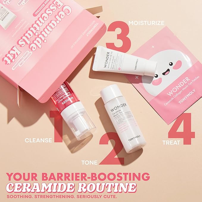 TONYMOLY Wonder Ceramide Mochi Essentials Kit – 4-Piece Set with Ceramide Toner, Cream, Cleanser & Eye Patches – Hydrating, Barrier-Boosting Skincare with Hyaluronic Acid, Vitamin B5 & Centella