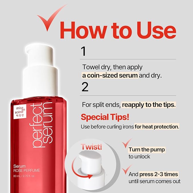 Mise En Scene Perfect Rose Perfume Serum - Korean Hair Essence with Rose Scent, Argan Oil for Damaged Hair Care, 2.70 fl. Oz