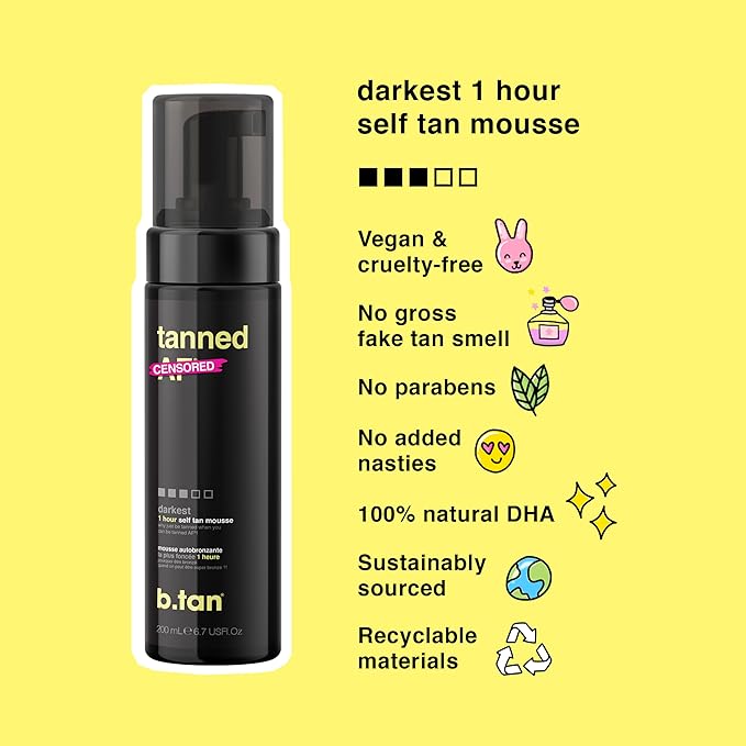 B.TAN Dark Mousse Self Tanner, 1 Hour Sunless Tanner, Vegan, Cruelty Free, 6.7 Fl Oz